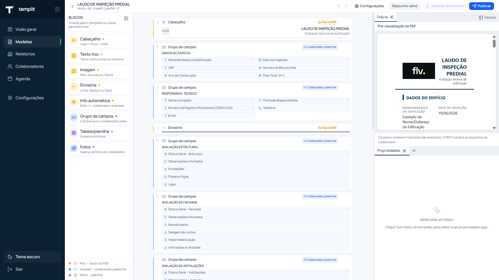Editor de modelos do Templit com painel de blocos e prévia do PDF