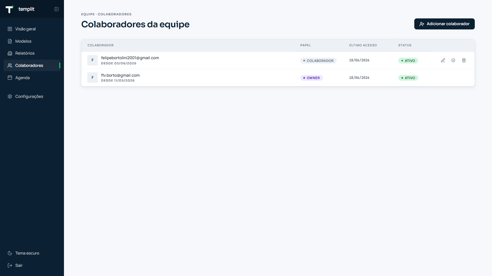 Lista de colaboradores no Templit