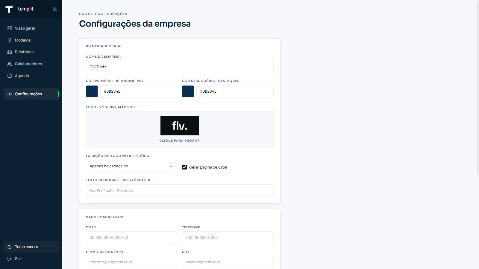 Tela de configurações e branding no Templit