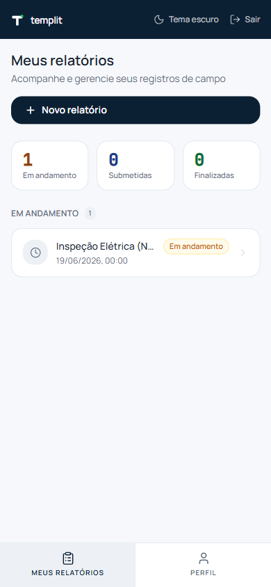 Lista de relatórios do colaborador com status no Templit