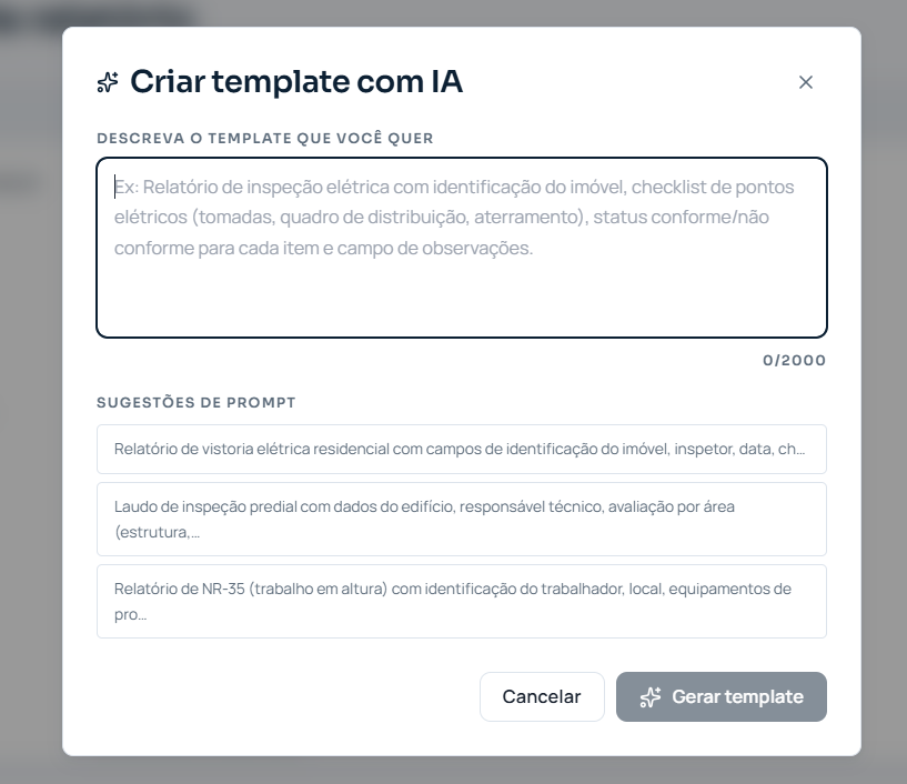 Modal 'Criar template com IA' — descreva o documento e a IA gera o modelo