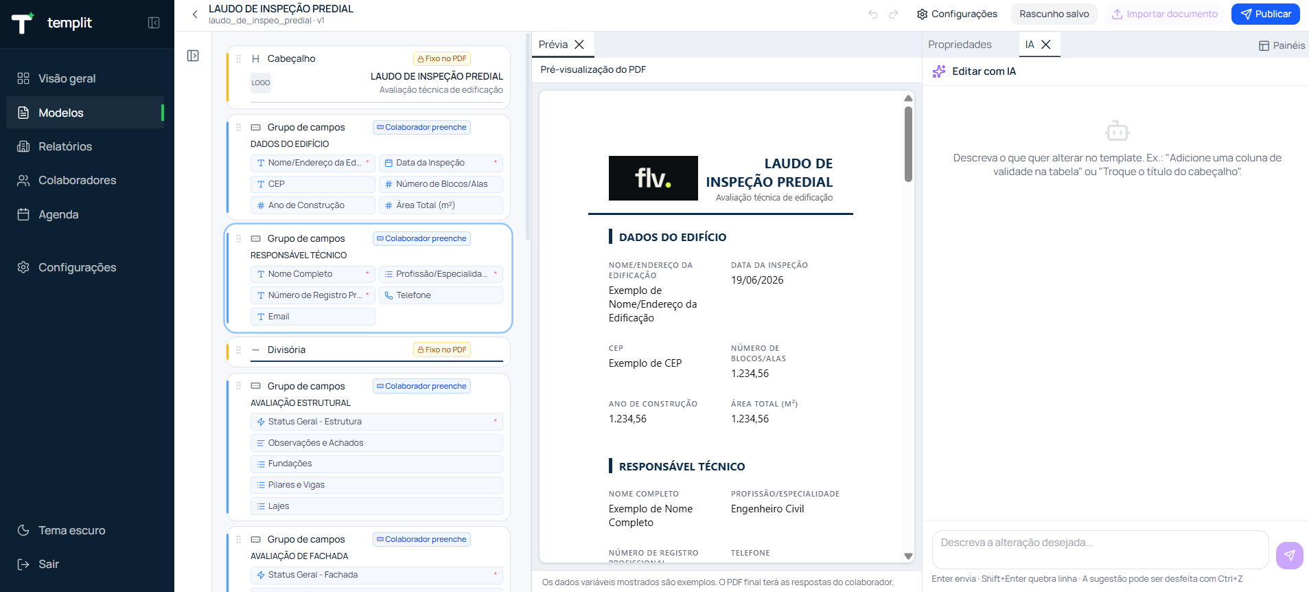 Editor de templates Templit com IA e prévia do PDF em tempo real