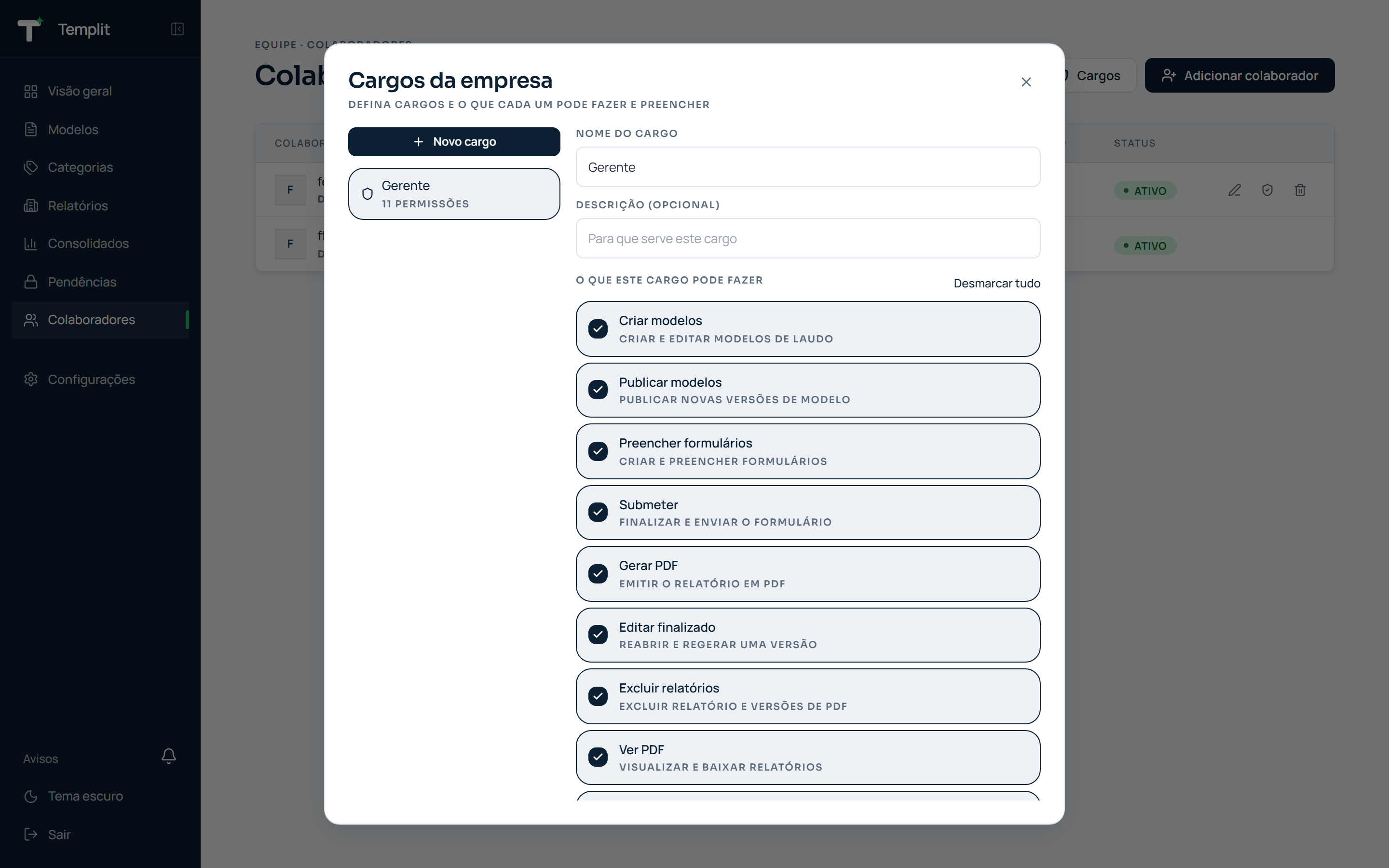 Matriz de permissões de um cargo no Templit