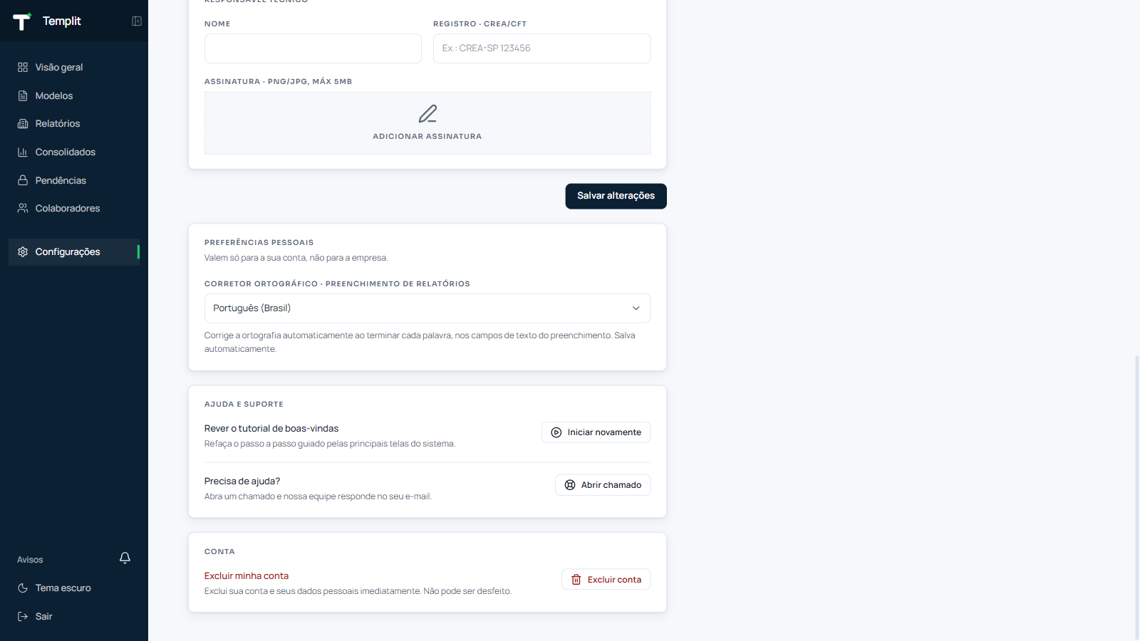 Seção Conta em Configurações, com o botão Excluir conta