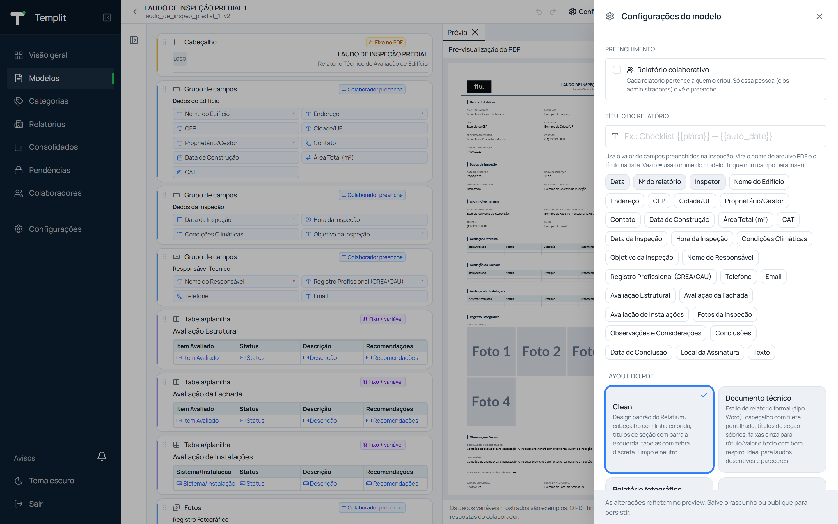 Configurações do modelo com título dinâmico e relatório colaborativo