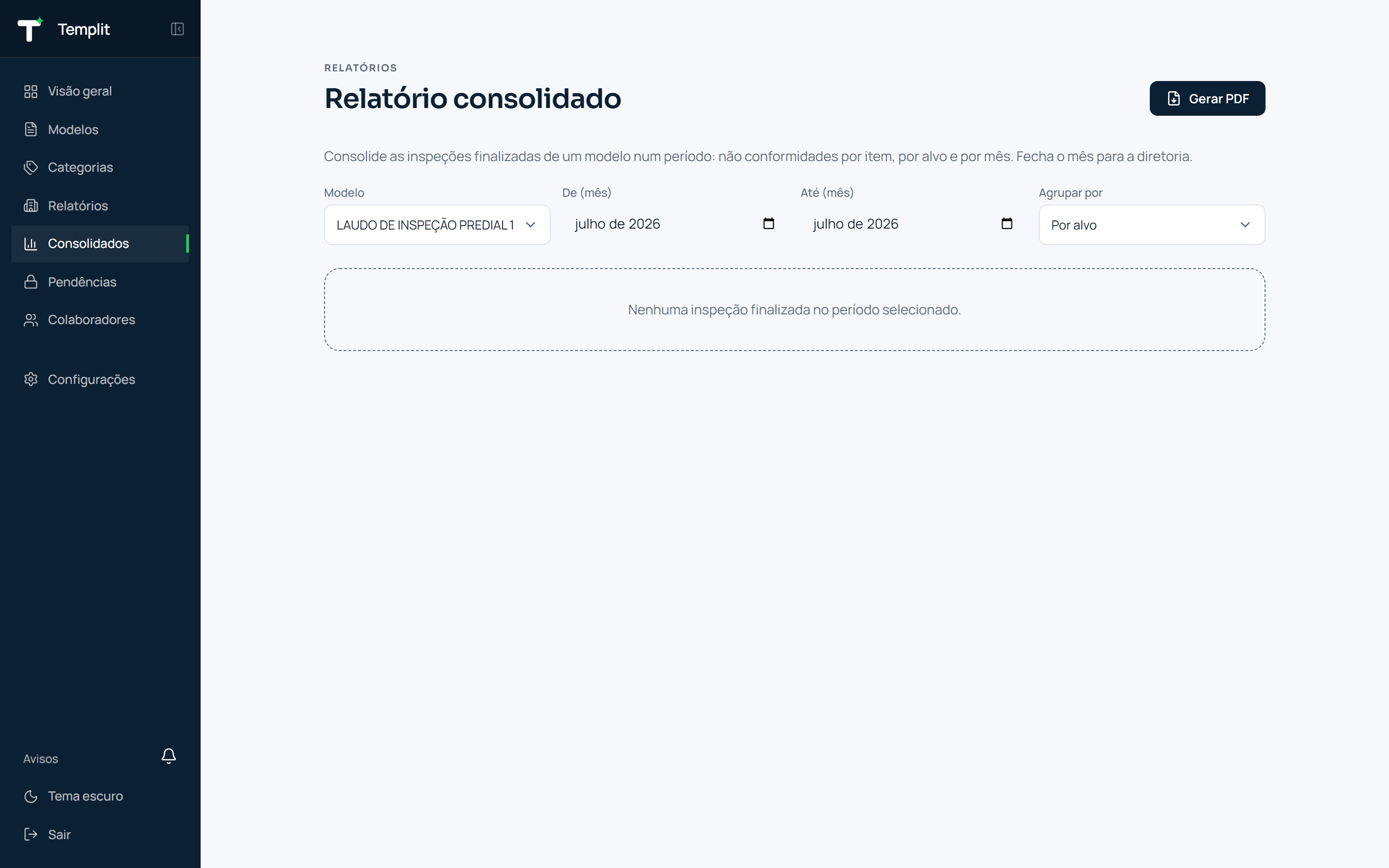 Tela de relatório consolidado por período no Templit
