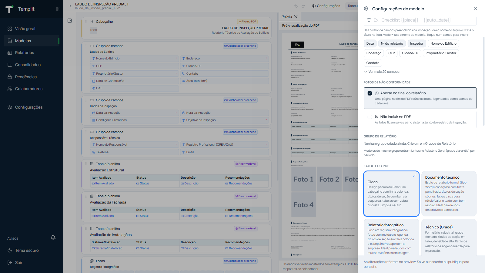 Configurações do modelo mostrando fotos de não conformidade, grupo de relatório e layout do PDF