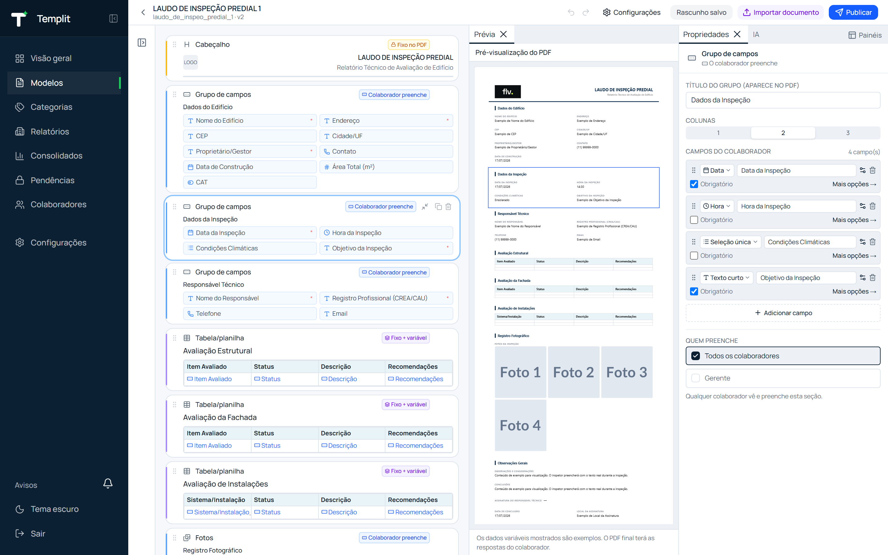 Seletor Quem preenche por bloco no editor de modelos