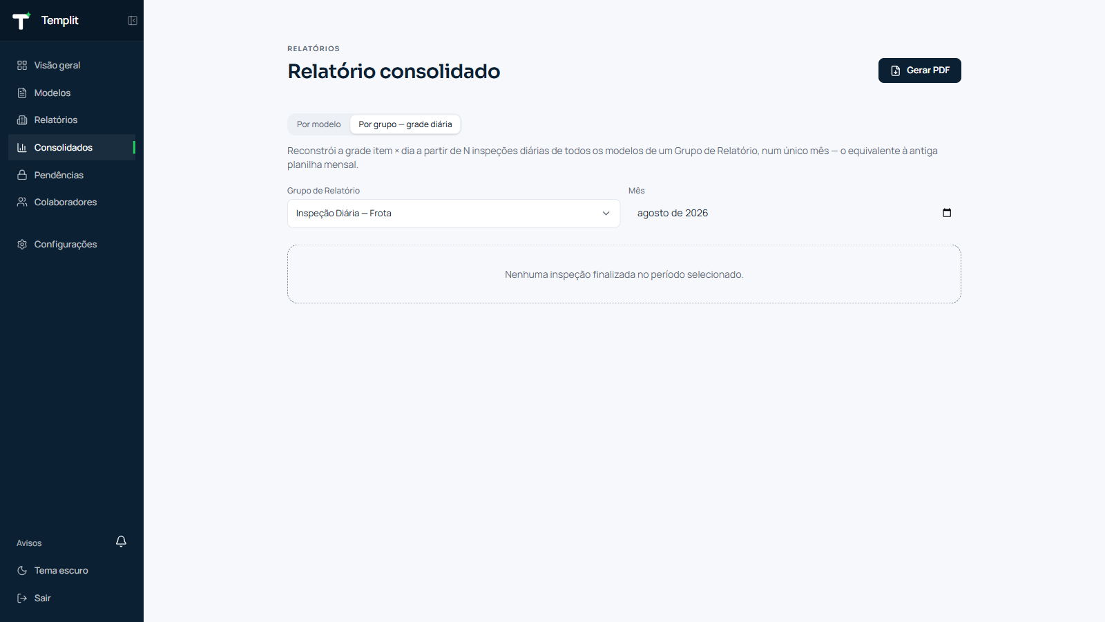 Tela de Consolidados no modo Por grupo, com grupo e mês selecionados