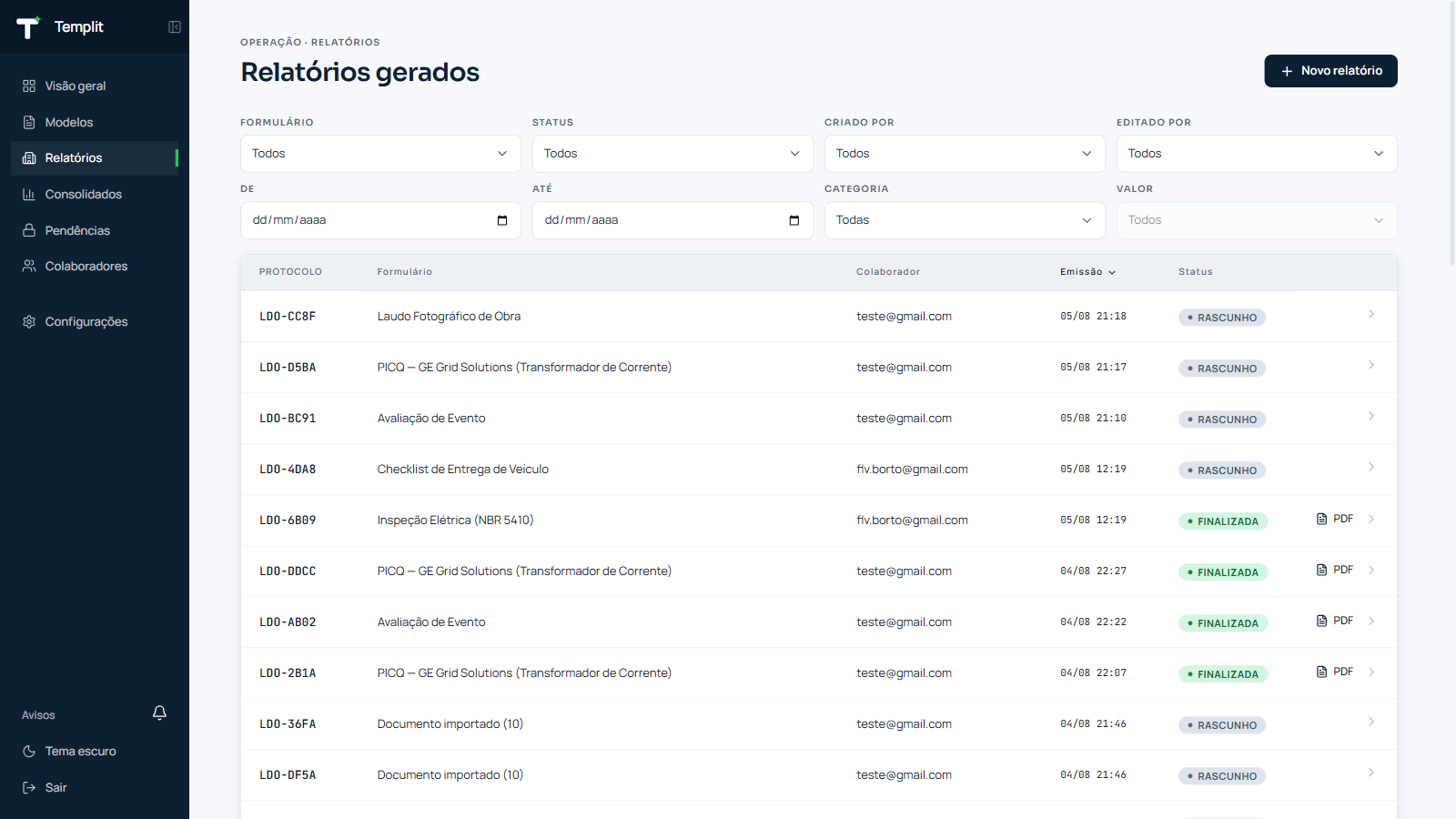 Lista de relatórios emitidos no Templit com filtros por criado por, editado por, período e categoria
